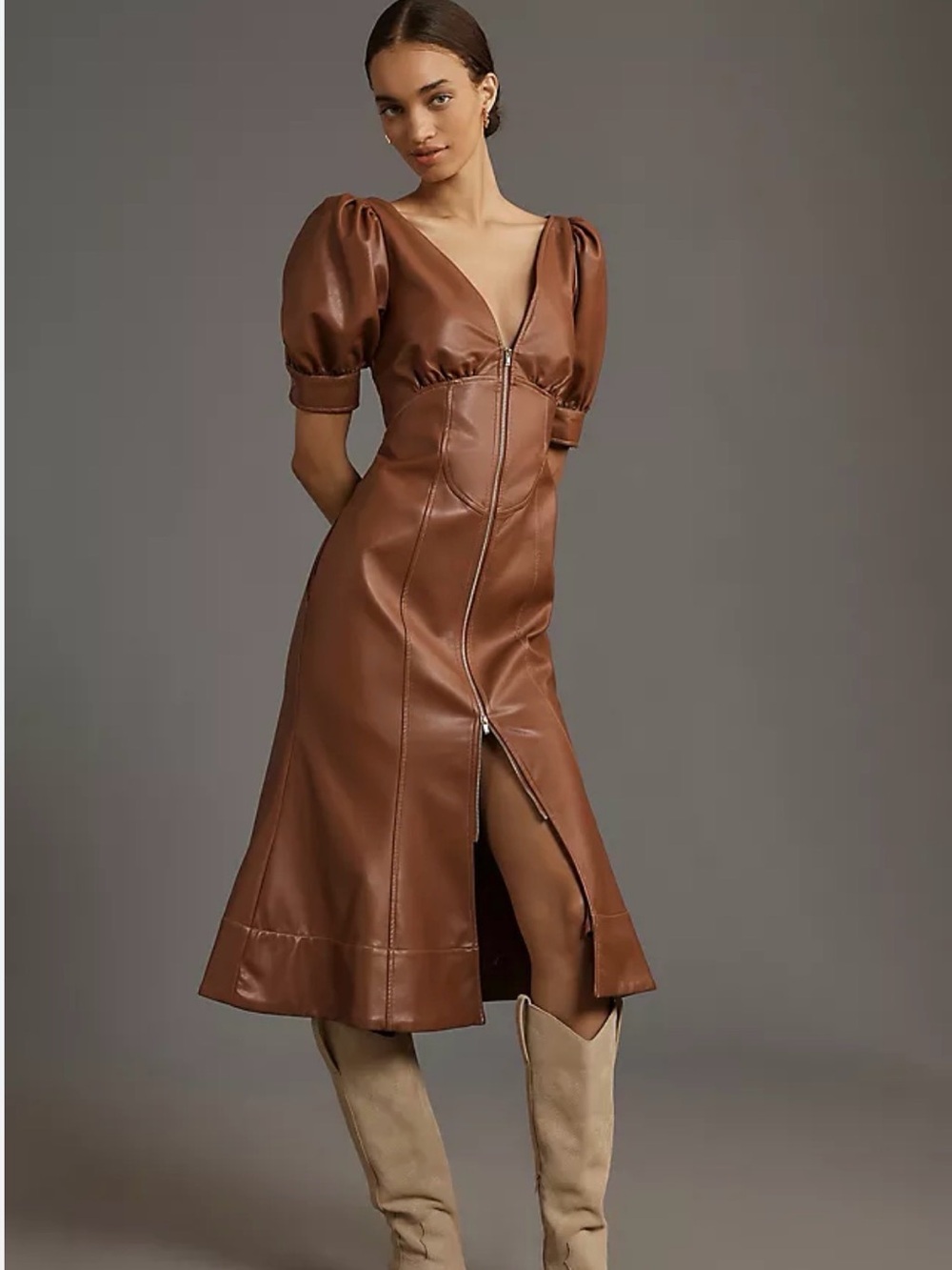 Anthropologie Brown Faux Leather Midi Dress with Puff Sleeves and Front Zip
